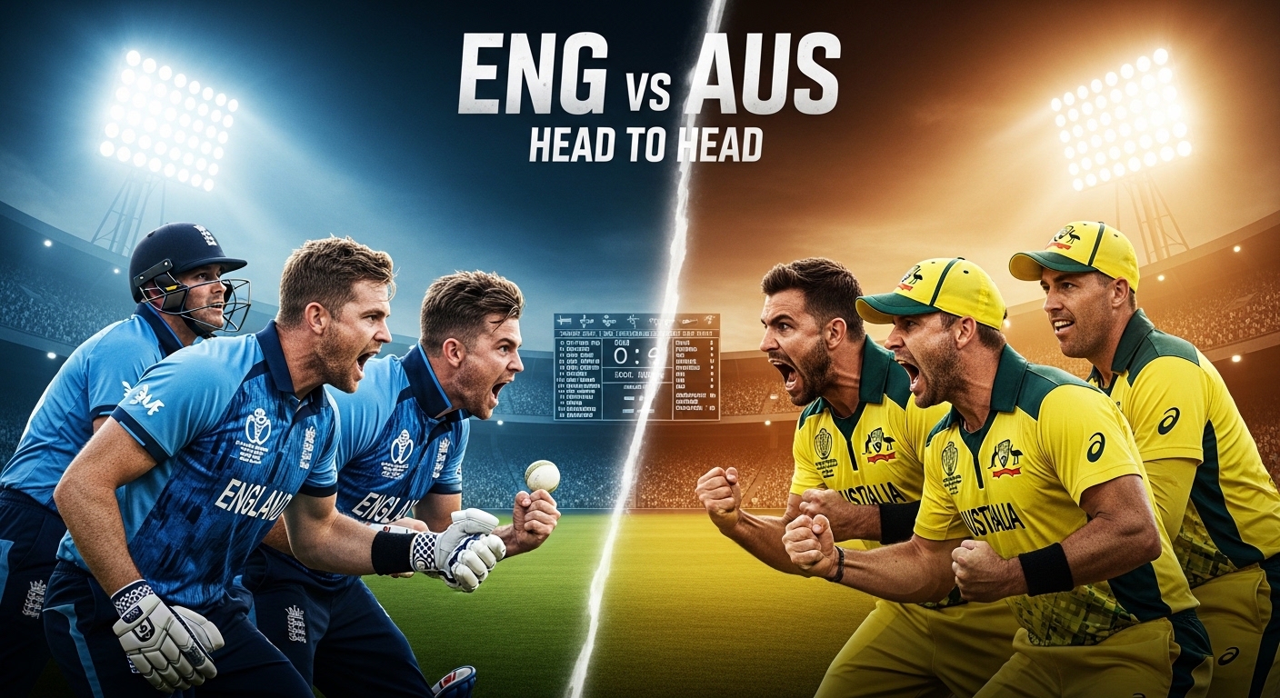 England vs Australia cricket rivalry, split background, left side England players in blue kit, right side Australia players in yellow kit, intense face-off, stadium lights glowing, scoreboard overlay showing stats and records, bold title text “ENG vs AUS Head to Head”, cinematic lighting, ultra realistic, 4K, sports poster style